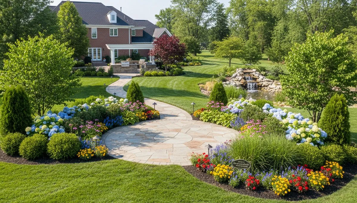 Full property landscape design with lawn, trees, and flower beds by Chop Chop Landscaping in Naperville, IL