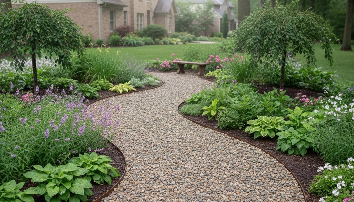 Pea gravel garden path with edging in Naperville, IL by Chop Chop Landscaping