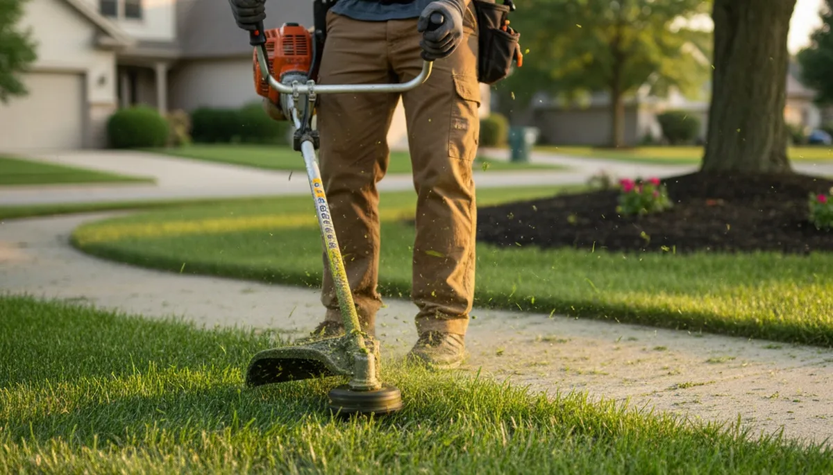 Technician edging Naperville lawn with string trimmer for precise, professional lawn maintenance.