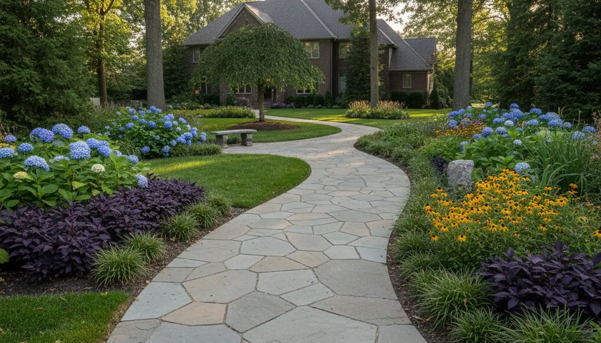 Stone paver pathway design in Naperville, IL showcasing professional landscaping and natural stone installation
